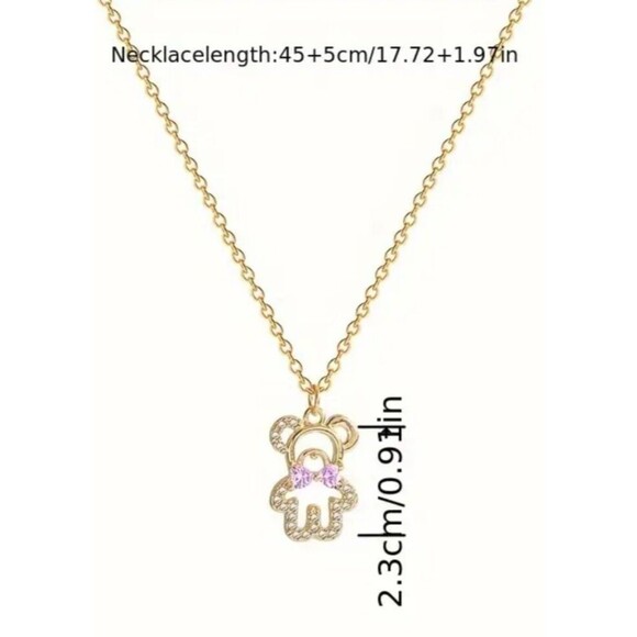 Iced Gold Rhinestone BEAR Pink HEARTS Bow Gold Chain Necklace - Picture 2 of 4